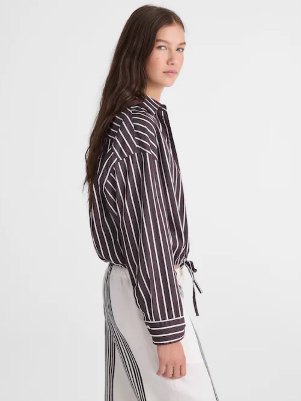 Madewell Drawstring Poplin Button-Up Shirt Chocolate Plum Stripe Size S - Picture 10 of 11